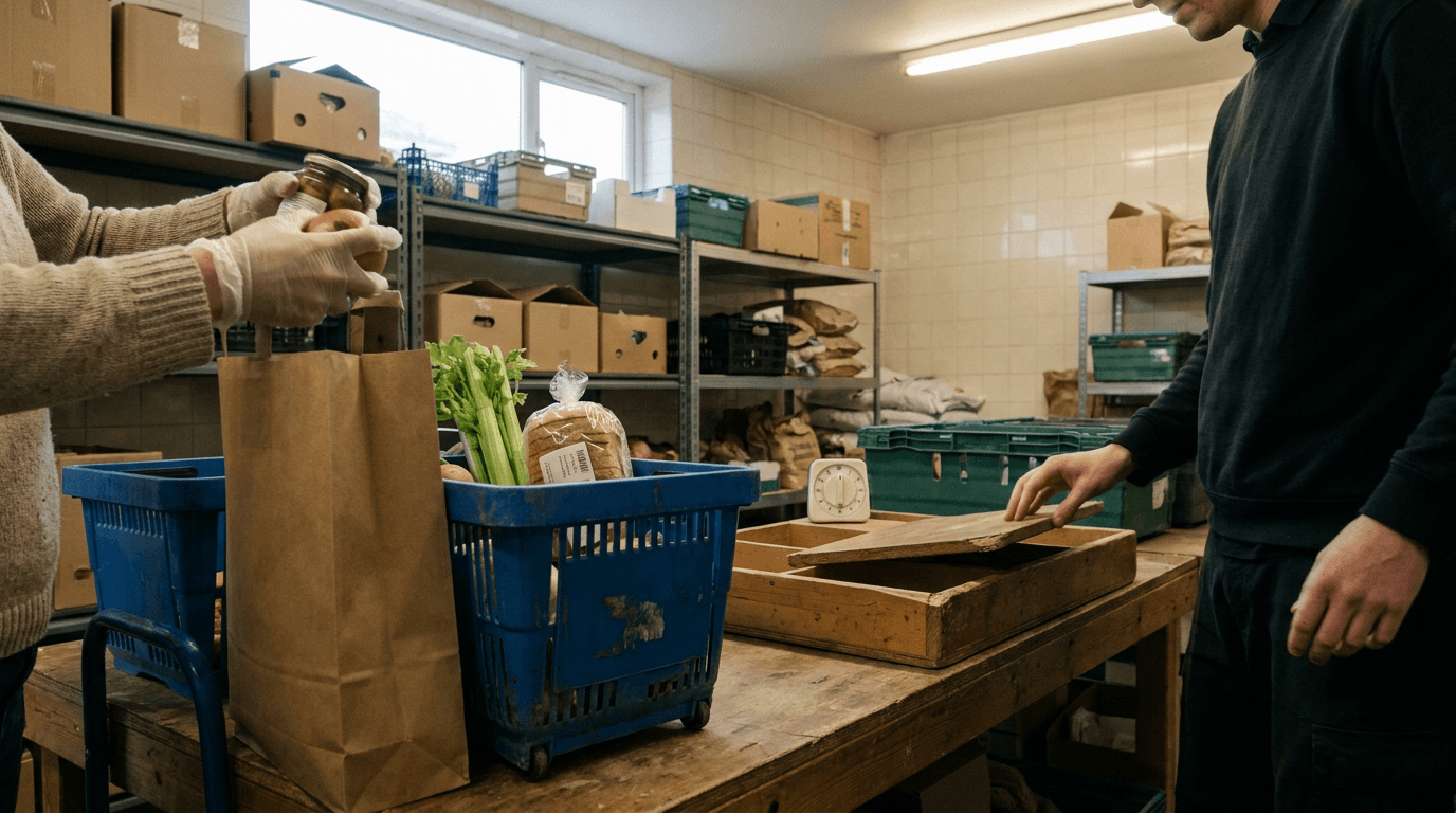 Két ember egy kézi élelmiszer-csomagolási folyamatot tesztel egy kis raktárhelyiségben.
